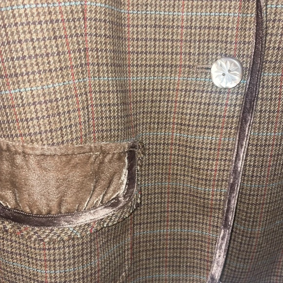 J. Jill Brown/Tweed Wool Plaid Velvet Trim Blazer Jacket Pearl buttons Sz 12 - Picture 7 of 13